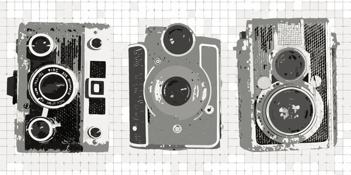 Three vintage twin lens reflex cameras in a graphic illustrative style