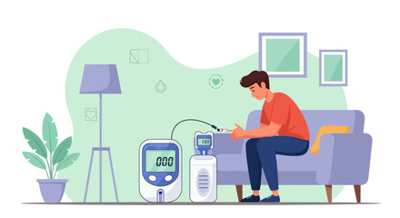 Fototapeta premium Man with diabetes monitoring blood sugar at home with glucose meter and insulin pen