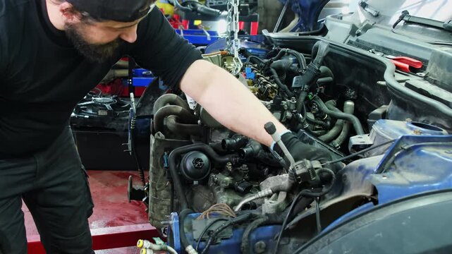 Technician performs repair task on disassembled engine. Mechanic in gloves touches system components with hands assessing extent of damage