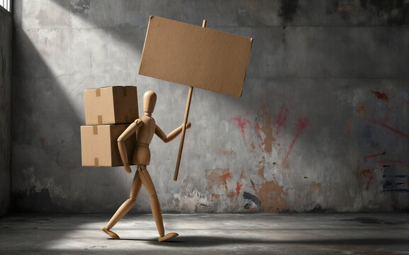 Wooden figure carries boxes and a blank sign through sunlit