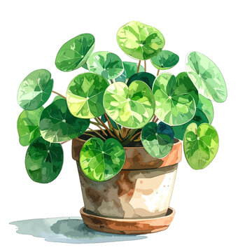 Pilea peperomioides - kwiat pieniążek w doniczce ilustracja