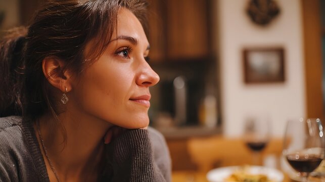 A thoughtful woman viewed in profile during a warm intimate moment at a cozy dinner table