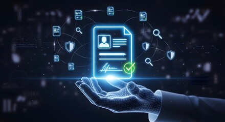 Fototapeta premium Smart contract signing and digital approval interface with hand holding stylus on futuristic holographic business document
