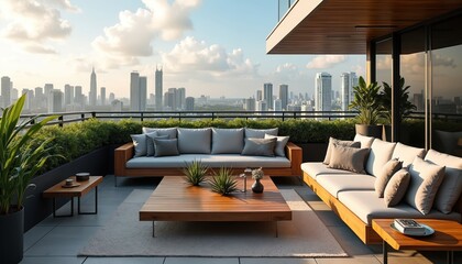 Obraz premium Modern rooftop lounge with comfy sofas and wooden tables overlooks city skyline. Rich plants add natural beauty to outdoor relaxation space. Luxury urban living.
