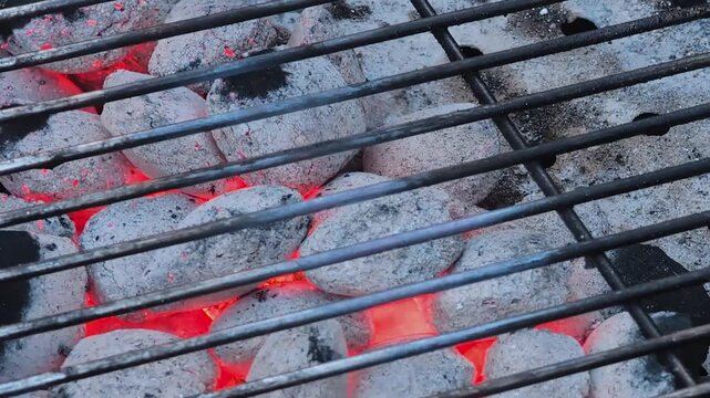 Grilling with briquette charcoal in a backyard during afternoon gathering with friends and family