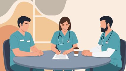 Obraz premium Medical Team Collaboration: Doctors Discussing Patient Case at Table with Coffee