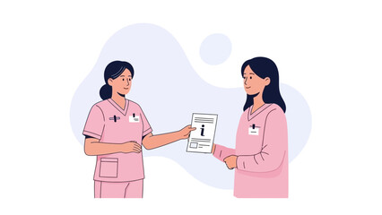Fototapeta premium Nurse Giving Information Document to Colleague, Medical Teamwork Illustration
