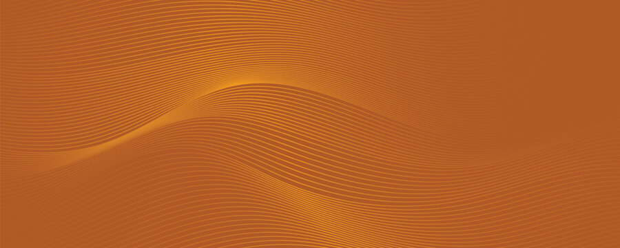 Modern Abstract Orange Background with Elegant Golden Flowing Waves of Multiple Parallel Lines