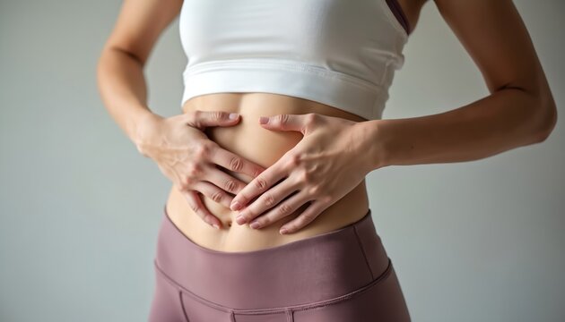 Woman massages her abdomen indoors wearing activewear. She touches her stomach area with hands, indicating discomfort or pain. Focus is on health and body care.