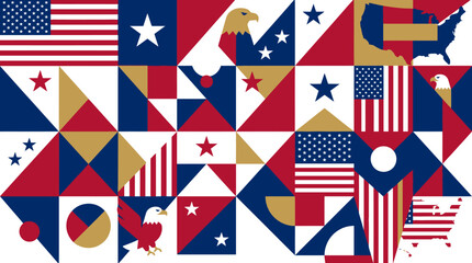 Obraz premium Vibrant American Patriotic Graphic Design featuring Flag, Eagle, Stars, and USA Map in a Geometric Abstract Collage