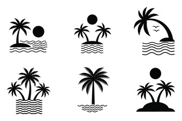 Obraz premium Vector illustration set of tropical island landscapes featuring palm tree silhouettes, summer beach sunsets, and paradise ocean waves for travel design