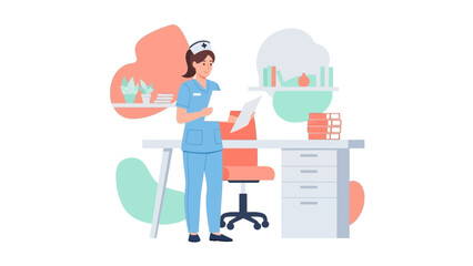 Fototapeta premium Nurse in Uniform Working at Desk in Medical Office, Healthcare Illustration