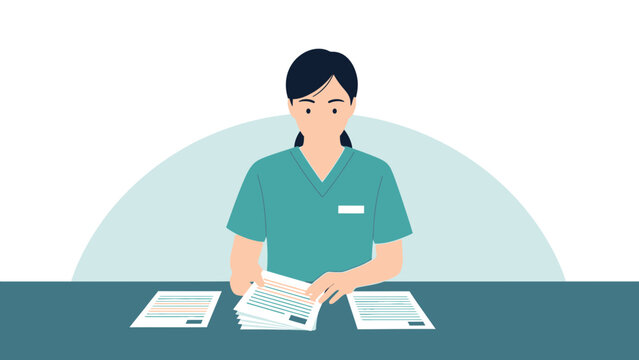 Nurse or doctor reviewing medical documents at desk, flat illustration