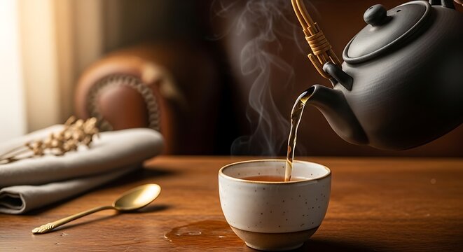 Pouring Hot Steaming Tea from Ceramic Teapot into Cup on Wooden Table