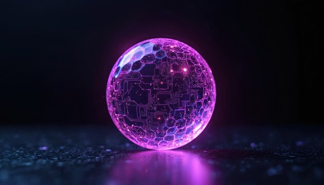 Holographic purple sphere with circuit board pattern on dark background. Futuristic digital orb with glowing lines and abstract connections. Represents tech innovation and data.