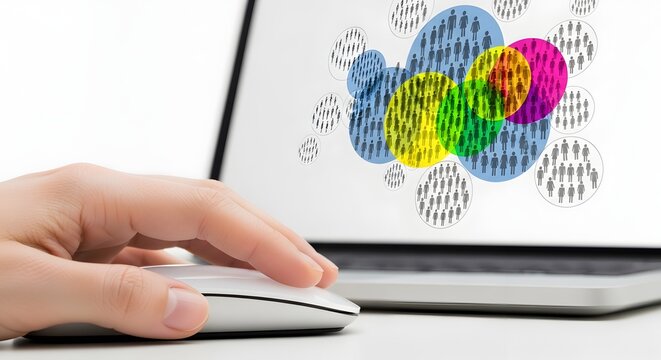 Customer segmentation and audience targeting analytics on laptop with colorful group icons and marketing data visualization