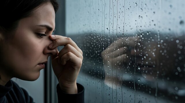Emotional Young Woman in Black Sweater Looking Out at Rainy Window Reflecting Contemplation and Sadness