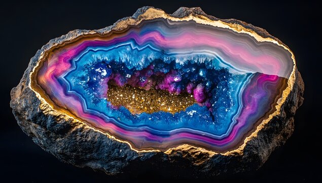 Colorful geode crystal slice with blue and pink iridescent tones