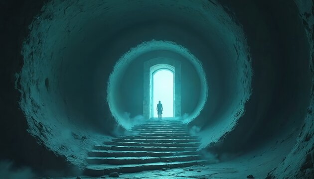 Figure stands at bottom of stone stairs leading to bright archway. Tunnel opens to light. Mysterious passage beckons onward, journey into unknown.