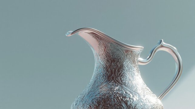 Intricately engraved silver pitcher with ornate floral patterns and a curved handle