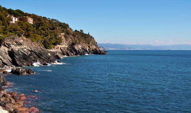 View of the breathtaking coastline from the Passeggiata Europa (or Piani di Invrea Coastal Park), a cycle pedestrian path famous for its sea views Varazze and Cogoleto