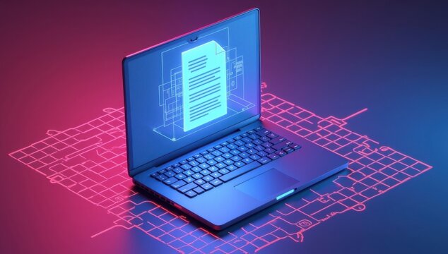 Vista isom&eacute;trica de una laptop que muestra un documento digital