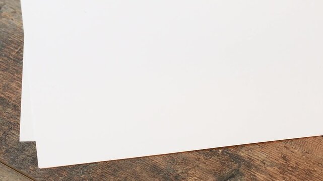 Blank sheets of paper on a wooden table surface from different angles