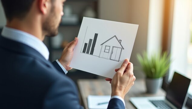 Empresario que presenta un concepto de inversi&oacute;n inmobiliaria con un gr&aacute;fico sutil