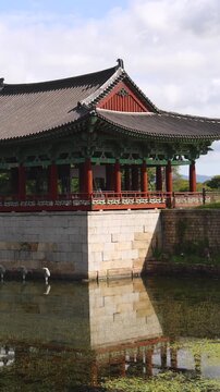 Gyeongju, South Korea, view of Donggung Palace and Wolji Pond in a sunny day, North Gyeongsang Province, Gyeongju city, Silla dinasty traditional Korean hanok architecture, Yeongnam region