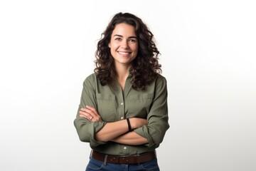 Fototapeta premium A smiling woman stands with her arms crossed portrait shirt adult.