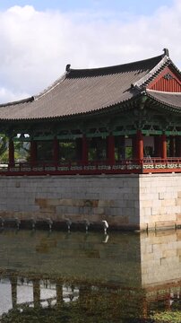 Gyeongju, South Korea, view of Donggung Palace and Wolji Pond in a sunny day, North Gyeongsang Province, Gyeongju city, Silla dinasty traditional Korean hanok architecture, Yeongnam region