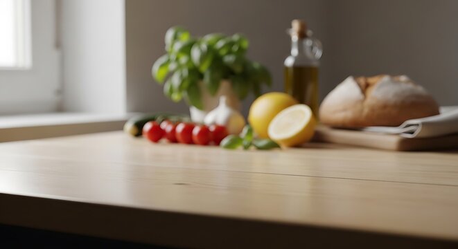 Wooden Kitchen Table with Blurred Background of Fresh Mediterranean Food Ingredients