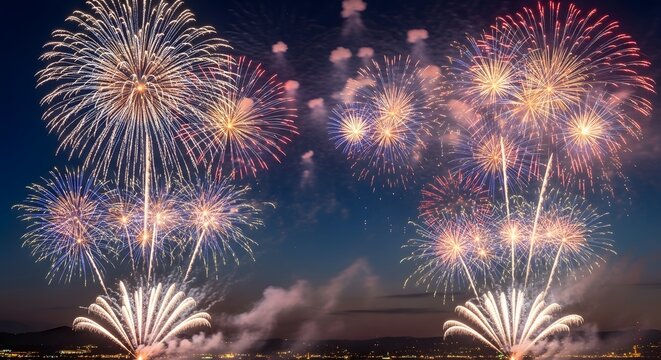 Colorful fireworks exploding in night sky over city skyline celebration.