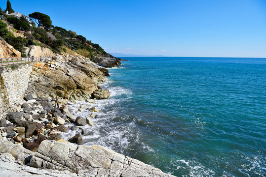 View of the breathtaking coastline from the Passeggiata Europa (or Piani di Invrea Coastal Park), a cycle pedestrian path famous for its sea views Varazze and Cogoleto