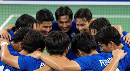 Naklejka premium Excited Asian Male Athletes in Blue Team Jerseys Celebrating Together in a Sports Huddle