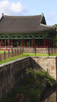 Gyeongju, South Korea, view of Donggung Palace and Wolji Pond in a sunny day, North Gyeongsang Province, Gyeongju city, Silla dinasty traditional Korean hanok architecture, Yeongnam region