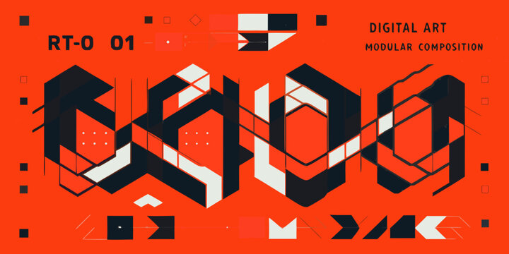 Abstract geometric composition with bold shapes and digital text elements