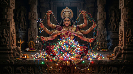 Fototapeta premium An ancient mythological deity with multiple arms furiously trying to untangle a massive ball of modern Christmas lights