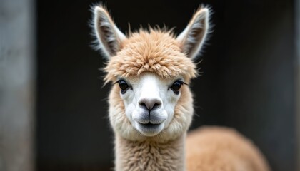 Fototapeta premium Close up front portrait of a young fuzzy alpaca face looking directly at camera. Its fluffy light brown woolly fleece and big dark eyes are visible. Copy space on dark blurred background.