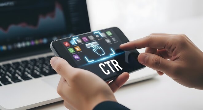 Click Through Rate CTR Analytics on Smartphone with Digital Marketing Performance and Conversion Tracking Interface