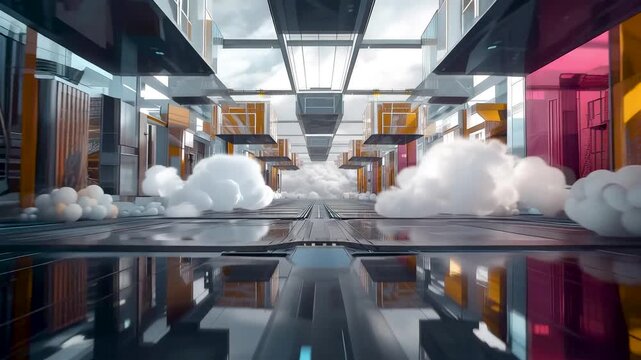 Modern glass interior with reflective floor, colorful walls, and soft cloud formations arranged along a symmetrical corridor under bright skylight