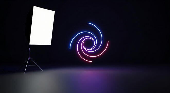 Studio lighting setup with a glowing neon vortex symbol in blue and pink, creating abstract energy or futuristic motion