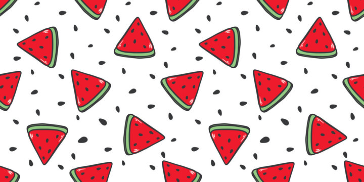 Seamless pattern with slices of juicy, ripe, delicious, sweet watermelon. White background with triangles of red fruit. Summer fruity colorful print for textiles, packaging, paper, and design. Vector 