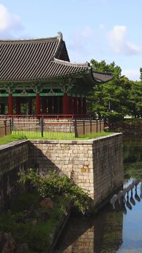 Gyeongju, South Korea, view of Donggung Palace and Wolji Pond in a sunny day, North Gyeongsang Province, Gyeongju city, Silla dinasty traditional Korean hanok architecture, Yeongnam region
