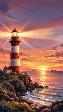 lighthouse on rocky cliff at sunset