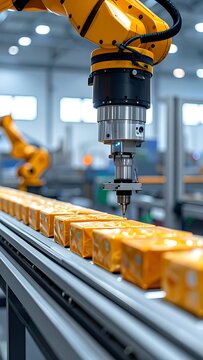 Industrial robot arm assembling yellow objects on a conveyor belt