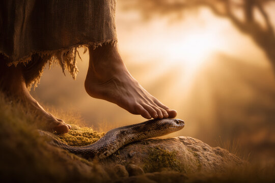 Ancient Biblical Foot Crushing Head of Snake, Victory Over Evil Concept