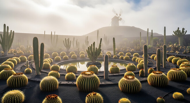 Pixelated desert landscape at sunrise with a variety of cacti, a small pond, and a distant windmill under hazy sunlight, digital art