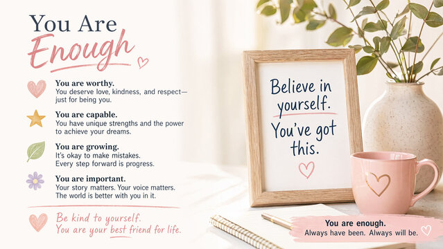 Still life with motivational quotes promoting self esteem like you are enough and believe in yourself