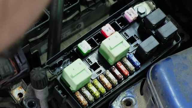 Auto repair technician assesses condition of fuse box. Technician inspects small nodes of system restoring vehicle parts during work shift